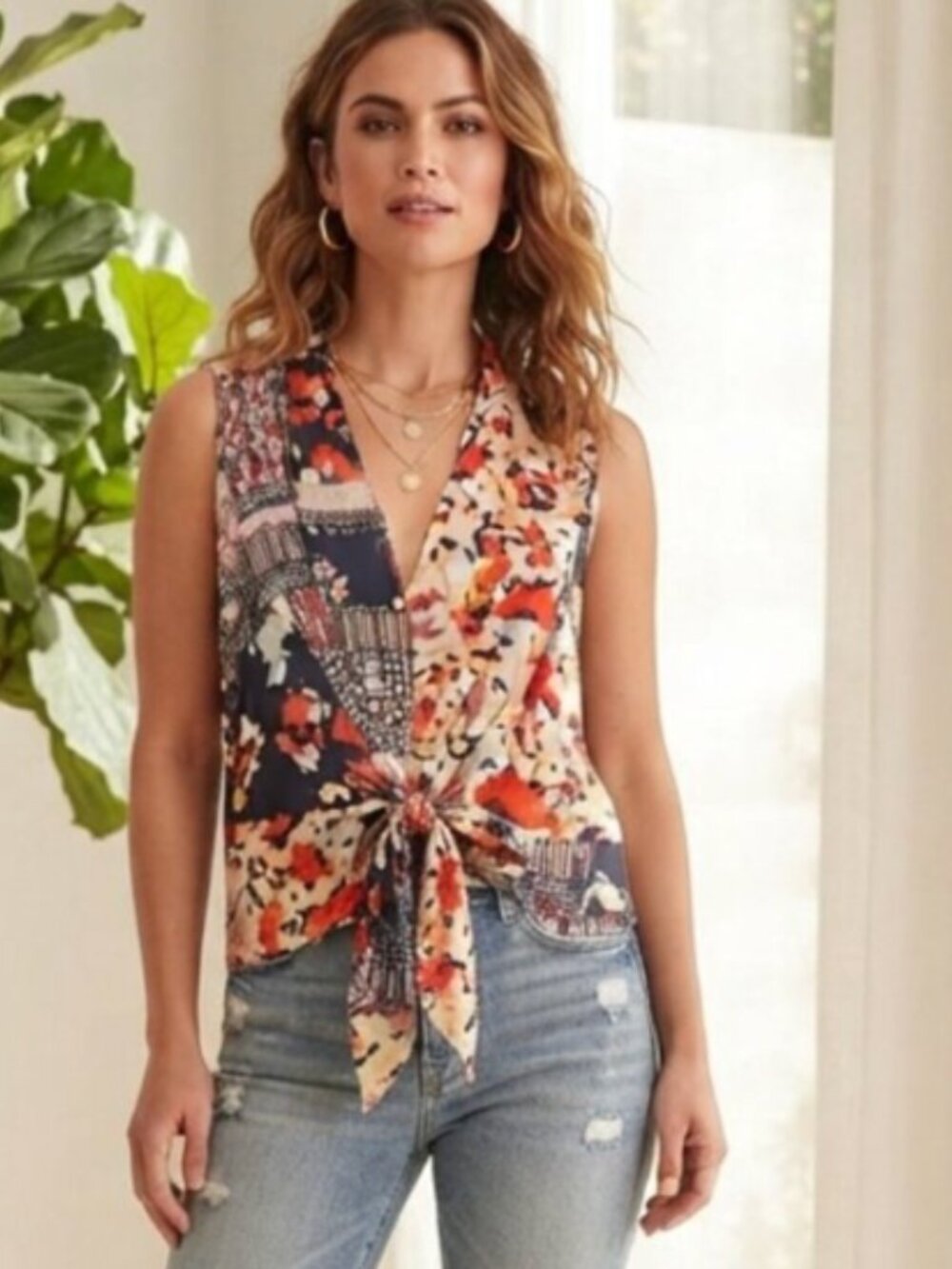 NIC+ZOE Petite Navy Multicolor Floral Tie-Front Camisole Size PM